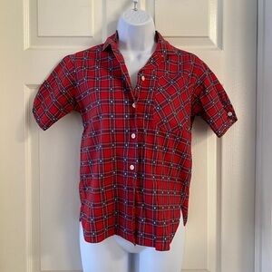 Vintage red and navy patterned button down XS